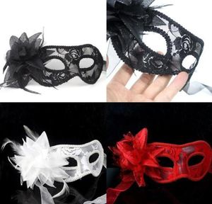 sexy Black white red Women Feathered Venetian Masquerade Masks for a masked ball Lace Flower Masks 3colors HJIA8704166101