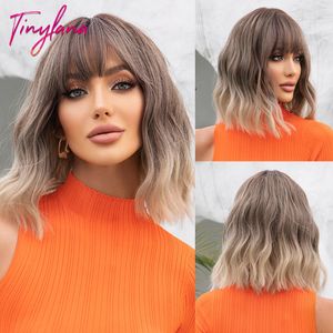 Synthetic Wigs Black Gray Blonde Short Wavy With Bangs Ash Brown Bob Hair for Women Cosplay Natural Heat Resistant 230425