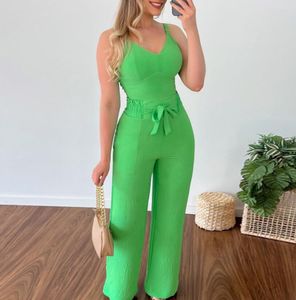 Women's Two Piece Sets 2023 Spring/Summer New V-neck Short Tank Top Lace up High Waist Straight Trousers Casual Women's Set