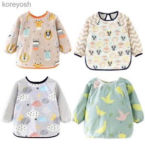 Bibs Burp Cloths Cute Cartoon Baby Bibs Cotton Colorful Infant Bib Full Sleeve Gown Children Long Sleeve Apron Coverall Feeding Dring BibsL231125