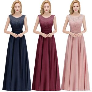 Ny billig verklig bild Scoop Neck Evening Dresses Chiffon Lace Top Ruched ärmlös Prom Party Gown Formal Eccase Wear CPS1068 J0425