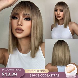 Syntetiska peruker Easihair Brown till blond ombre syntetiska hår peruker Kort bob naturligt med lugg för kvinnor värmebeständigt cosplay 230227