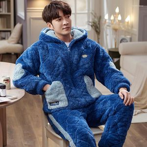 Men's Sleepwear Est L-3XL Winter Pyjamas Men Long Sleeve Flannel Coral Fleece Thicken Nightwear Hooded Loungewear 2 Pieces Sets