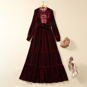 Autumn Green Floral Embroidery Jacquard Dress Wine Long Sleeve Round Neck Belted Long Maxi Casual Dresses S3O141011