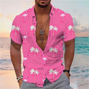 Мужские повседневные рубашки 2023 Мужская рубашка Hawaiian Flamingo Coconut Tree Graphics 3D Printing Street Casual Shorpsleared Высококачественное 230425