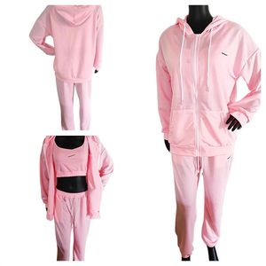 Completo sportivo da donna in tre pezzi, fitness, corsa, tempo libero, cappotto, pantaloni, manica lunga, con cappuccio