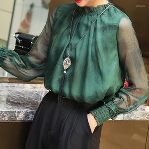 Women's Blouses Chiffon Shirt Women's Spring Korean Romantic Fashion Casual Design Perspective Mesh Elegant Loose Aestheticism Top