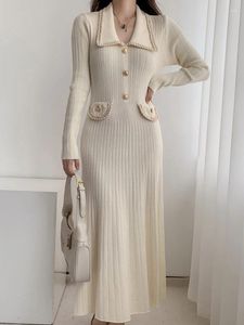 Casual Dresses White Knitted Dress Women Korean Fashion Polo Neck Sweater Office Ladies French Style Elegant Vintage Skinny Long