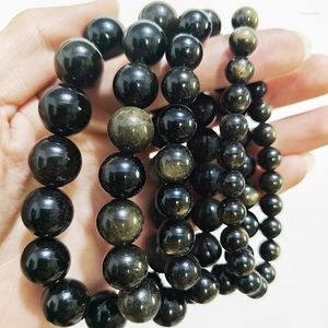 Strand Gold Color Obsidian Bracelet Men Black Natural Stone Beaded Women Braslet For Male Yoga Hand Jewelry Accessories Wristband