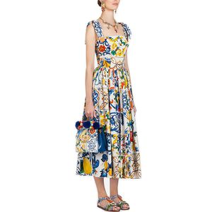 Vestido de duas peças passarela flor sexy verão feminino laço alça espaguete vestido de verão azul e branco porcelana floral longo 23425