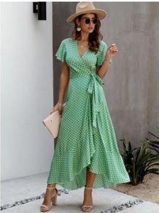 Freizeitkleider Sommer Maxi Wickelkleider Sommermode Polka Dot Sexy V-Ausschnitt Rüschen Kurzarm Damenkleid 230425