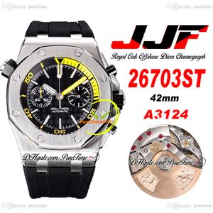 JJF 2670 A3124 Automatic Chronograph Mens Watch 42mm أصفر داخلي داخلي أسود عصا مطاطية حزام مطاط Super Edition Reloj Hombre Montre Homme PureTime E5