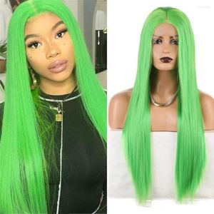 Green Lace Front For Women Long Silky Straight Synthetic Glueless Half Hand Tied Cosplay Replacement Hair