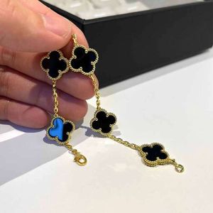 Luxury Classic Four Leaf Clover Charm BraceletsSterling Silver Lucky Four Grass Black Agate Five Flower Bracelet High Version Simple and Versatile