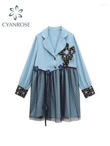 Vestidos casuais 2023 Design de outono de retalhos de retalhos de renda vestido blazer estilo coreano moda feminina chique chique elegante solteiro buttão mini saias