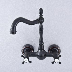 Kitchen Faucets Black Oil Rubbed Bronze Brass Wall Mounted Dual Cross Handles Bathroom Vessel Sink Faucet Mixer Taps Asf723