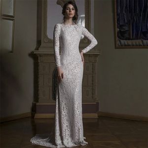 Sexy Backless Lace Mermaid Wedding Dress Long Sleeves Fitted Ivory Bridal Gowns Crew Neck Beach Boho Bride Dresses With Champagne Lining 2024 Spring