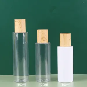 Bottiglie di stoccaggio 12 pezzi 100 ml 150 ml 200 ml 250 ml Toner liquido trasparente/bianco in plastica con tappo a vite in bambù Contenitore cosmetico in PET trasparente