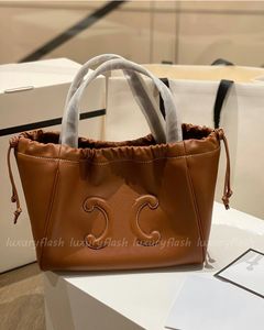 Women Brown Totes Handbags Crossbody Beach Bags Fashion CABAS Smooth Cow Leather Drawstring Bag Woman Designer Shopping Purses Cross Body with Strap
