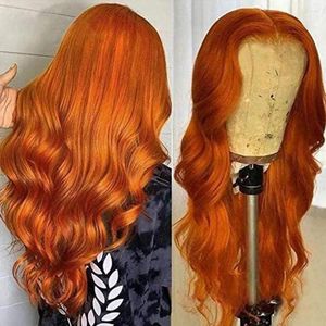 Orange Long Wavy Synthetic Lace Front With Middle Part Body Wave For Women Cosplay Makeup Hair