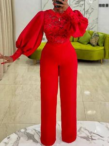 Women's Jumpsuits Rompers Elegant and fashionable women's jumpsuit fluffy long sleeved lace panel See Through Leg Pants elastic party office set 230425