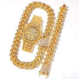 Wristwatches Watch Set Necklace Bracelet Hip Hop Miami Cuban Chain Big Gold Color Iced Out Paved Rhinestones Bling Men Jewelry