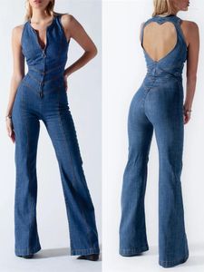 Backless Heart Cutout Bodycon Jumpsuit för kvinnor Casual ärmlös Slim One-Piece Outfits Retro Denim Jumpsuits