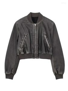 Damesjassen Yenkye 2023 Women Fashion Faux Leather Crop Bomber Jacket Coat Vintage Long Sleeve Zipper vrouwelijke bovenkleding chique tops