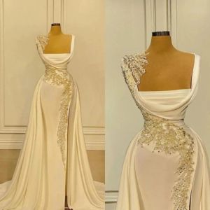 2023 Mermaid Wedding Dresses Bridal Gown Sleeveless Lace Applique Beaded Pearls Ruffles Sweep Train Side Slit Custom Made Country Plus Size vestido de novia