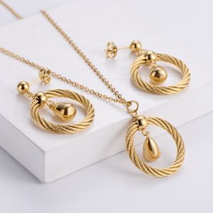1 Set for Sale Water Drop Pendant Necklace Earring Sets Gold Stainless Steel Jewelry Set for Women Three-piece Set (1pcs Necklace Pendant + 1pair Earring Studs )