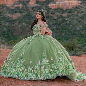 Mędrca zielone kwiaty 3D Kwiki Kwiki koronkowe sukienki quinceanera suknia balowa księżniczka Słodka 15 sukienka z ramion furset vestidos de xv anos