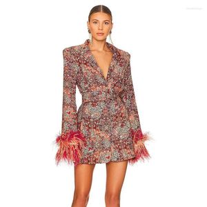 Casual Dresses Women's Winter Sexy Long Sleeve V-Neck Flower Suit Dress Ostrich Feather High Street Print Office