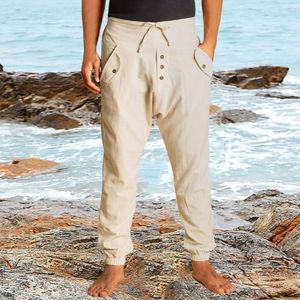 Męskie spodnie 2023 Wiosna lato męskie spodnie na plaży Solid kolor guziki sznurka długie spodnie Mężczyźni swobodny moda szczupła