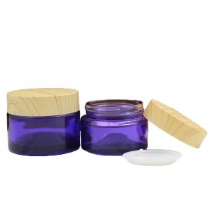 Commercio all'ingrosso 20G 30G 50G Clear Purple Glass Bottiglia riutilizzabile Vuoto Vasetti per crema per gli occhi Falso legno Coperchio a vite in plastica Imballaggio cosmetico Containe