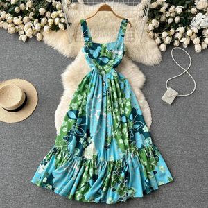 Vestidos casuais estilo francês vestido de verão 2023 zíper retrô impressão floral férias gentis damas uma linha longa praia