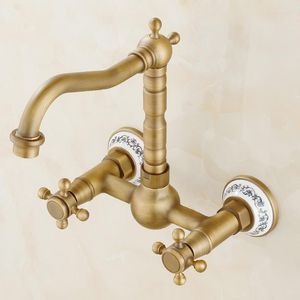 Kitchen Faucets Vintage Retro Antique Brass Wall Mounted Dual Cross Handles Swivel Bathroom Sink Basin Faucet Mixer Tap Aan023