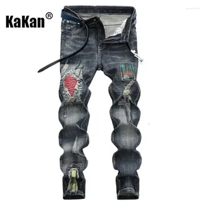Jeans masculinos Kakan - Remendo rasgado nostálgico motocicleta tendência europeia e americana estiramento masculino K02-9702
