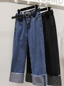 Kvinnors jeans mode vår kvinnor retro hög midja crimping denim byxor koreansk stil all-match fritid chic hajuku raka byxor