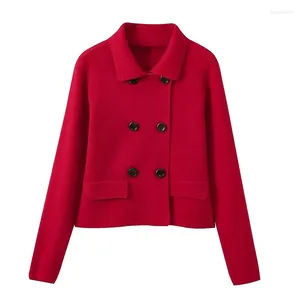 Kvinnors kostymer Yenkye Fashion Women Red Double Breasted Knit Blazer Elegant Lapel Collar Long Sleeve Female Crop Suit