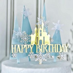 Festive Supplies Merry Christmas Shiny Gold Baking Cake Toppers Decorations Snowflake Castle Tree Cupcake Plug-in Double Acrylic Year Gifts