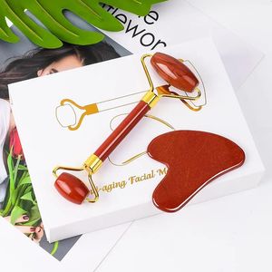 Diaspro rosso Strumenti per la cura del viso Rullo di giada facciale Set di strumenti Gua Sha Pietra naturale Massaggiatore di cristallo Kit di bellezza per la cura della pelle antirughe