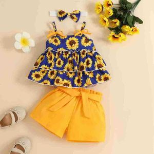 Clothing Sets 2023 Baby Strap Set Women's Treasure 0-2 Year Old Summer Flower Cute Cotton Shorts Headband