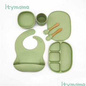 Cups, Dishes & Utensils 6Pcs/Set Baby Feeding Sile Tableware Waterproof Bib Solid Color Dinner Plate A Sucker Bowl And Spoon For Child Dho1X