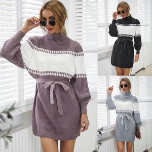 Kobiety swetry jesień i zimowe splicing kolor dzianiny damski pullover na wpół wysoki szyja Latarna sukienka Sweter