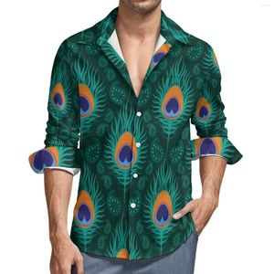 Men's Casual Shirts Fancy Peacock Feathers Shirt Spring Animal Designs Men Retro Blouses Long Sleeve Custom Y2K Clothing Plus Size