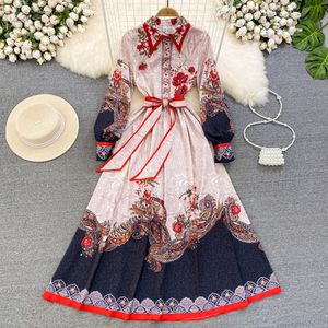 Vestido de temperamento retrô de estilo maduro leve, com mangas compridas, cintura slim uma linha impressa de camisa impressa elegante saia longa grande balanço