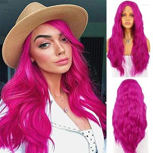 Rose Red Long Body Wave Synthetic Lace Front For Women Violet Purple Wavy With Middle Part Heat Fiber Hair