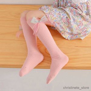 Kindersocken mit Farbverlauf, großer Bogenknoten, Prinzessin, Mädchen, lange Socken, Baumwolle, wärmend, über den Kniestrümpfen, Frühlingsstreifen, Baby-Kind-Strümpfe, R231125