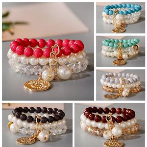 Strand 3 pçs/set moda boho pérola pulseiras pulseiras femininas pedra frisada pulseira com flor oca longo envoltório para o sexo feminino