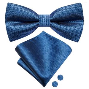 Bow Ties Hi-Tie Steel Blue Solid Mens Tie Hankerchief Cufflink Pre-tied Silk Butterfly Knot Bowtie For Male Business Party Wholesale